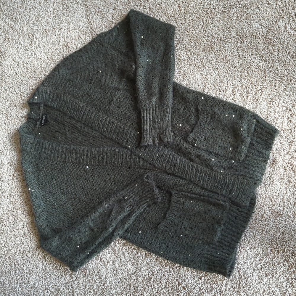 Express Sweater Womens Sz L Green Gray Mohair Blend Open Cardigan Sequins Chunky